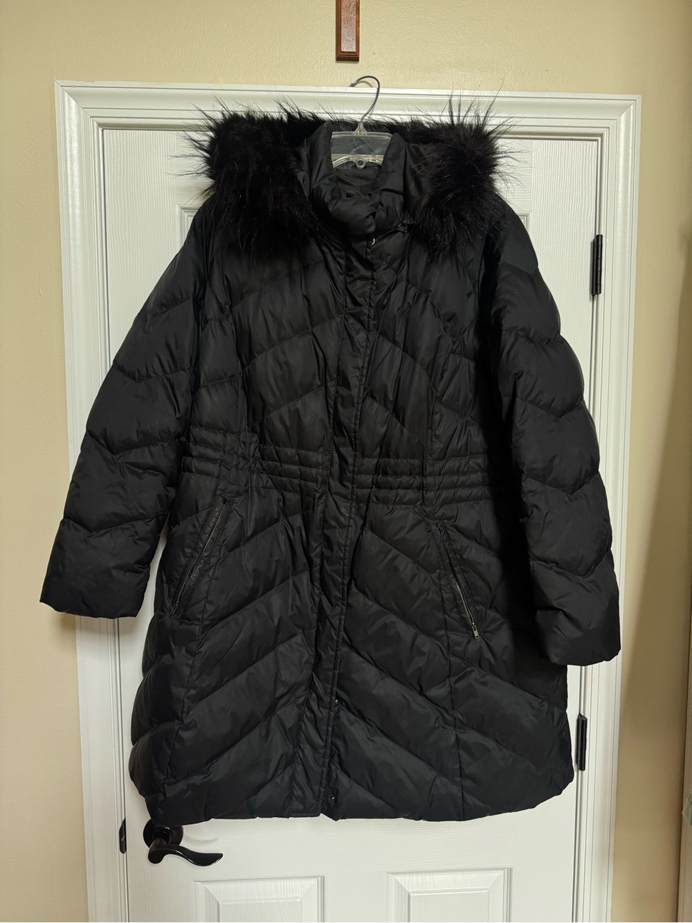 Talbots Black Quilted Puffer Coat with Faux Fur-Trimmed Hood